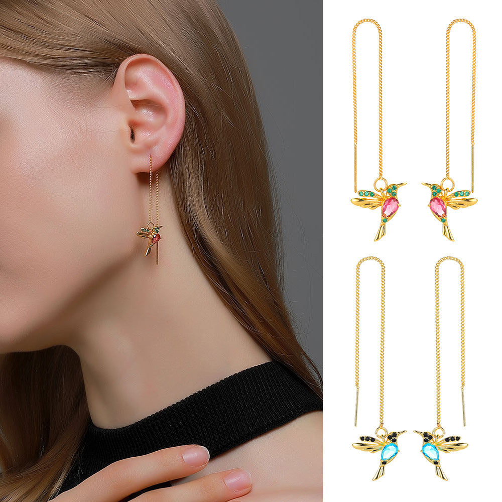 Long Hummingbird Tassel Earrings – Elegant Bird Drop Earrings for Women