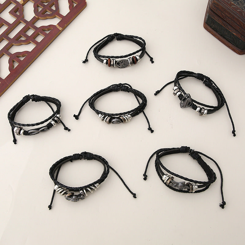 Hand-Woven Leather Bracelet Set – 6-Piece Unisex Classic Style