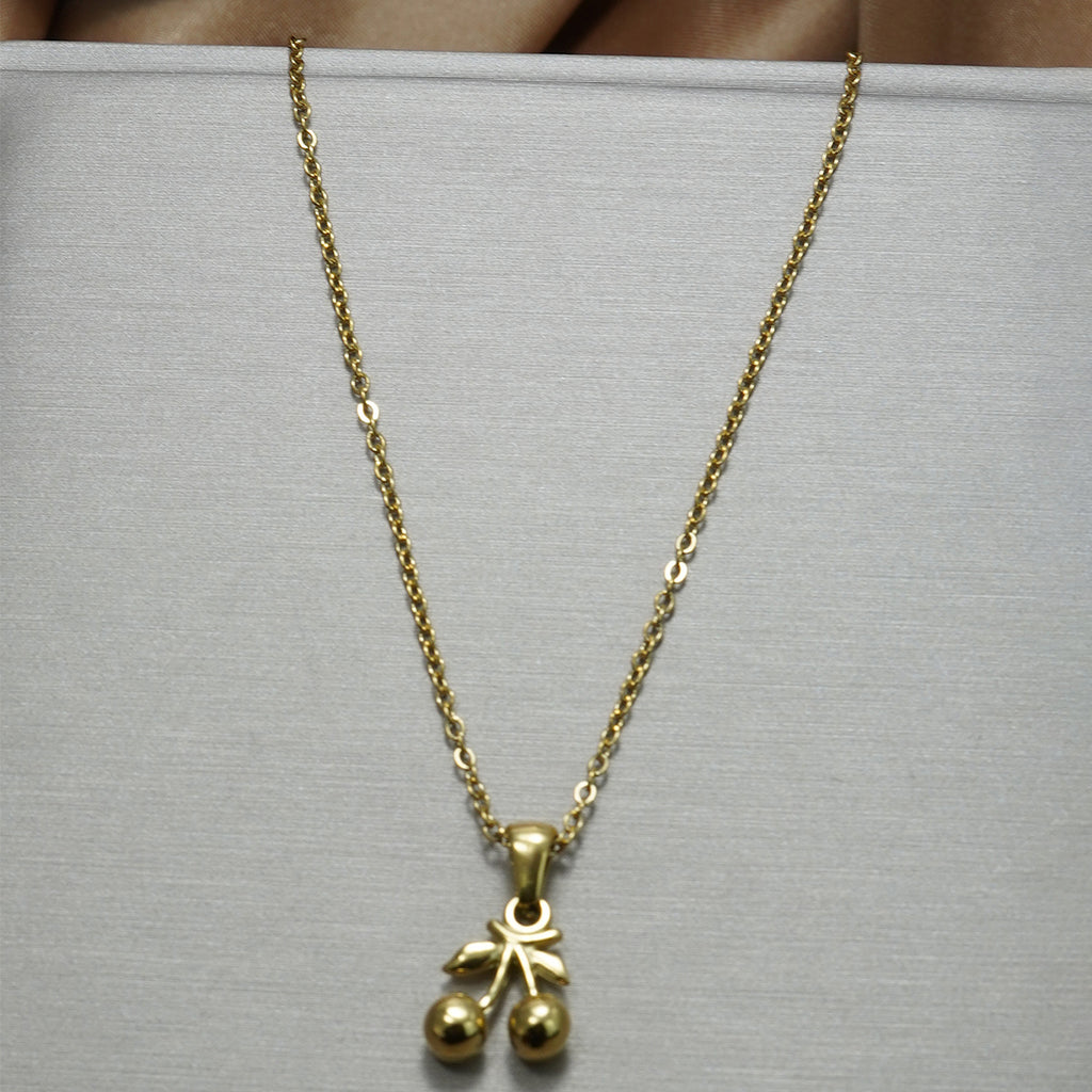 Luxury 18K Gold-Plated Stainless Steel Cherry Pendant Necklace & Earrings Set – Women’s Cute Minimalist Jewellery