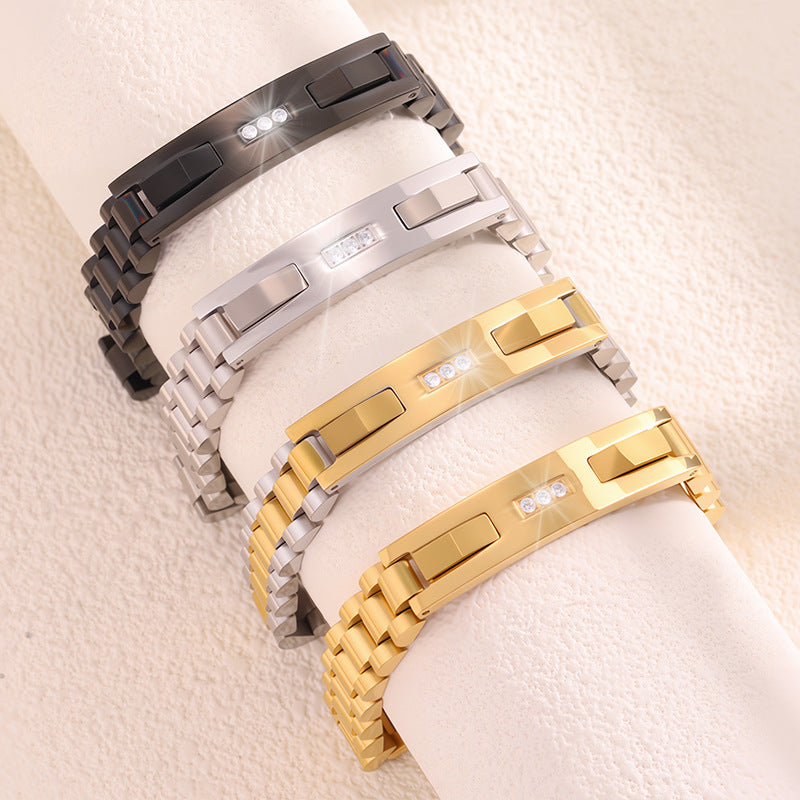 Women’s Diamond-Studded Curved Watch Chain Bracelet – Gold & Silver
