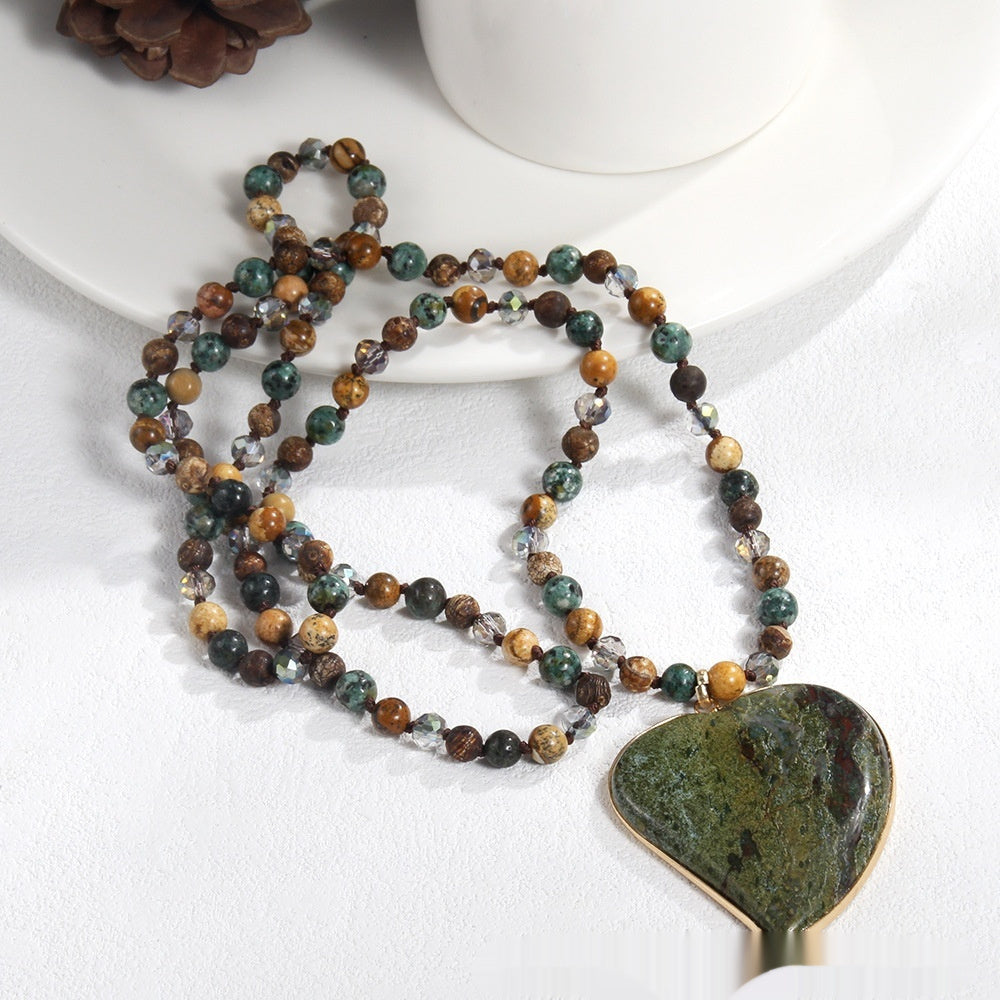 Natural Stone Glass Knotted Necklace – Green Heart Pendant Sweater Chain