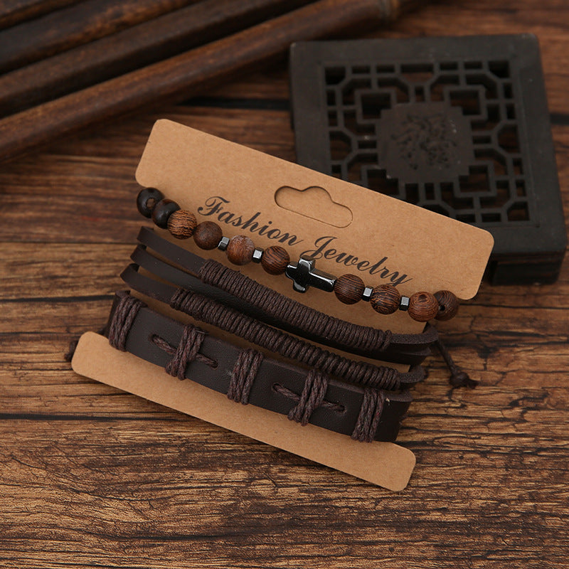 Men’s Punk Retro Hand-Knitted Cross Bracelet – Coffee Alloy Design