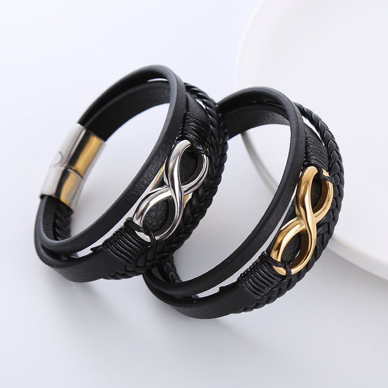 Twist Weave Infinite Symbol Number Shape Bracelet – Retro PU Leather for Men