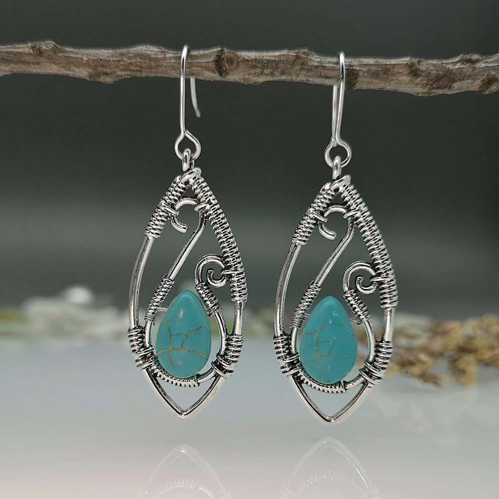 Creative Lapis Retro Silver Earrings – Turquoise String Winding Design for Women