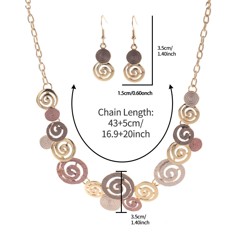 Zinc Alloy Geometric Necklace & Earring Set – Hollow Spiral Colourful Oil Drop Design