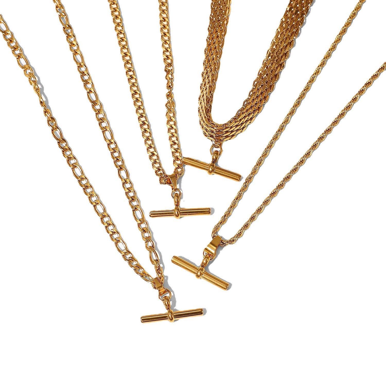 18K Gold T-Bar Pendant Rope Chain Necklace – Punk Hip Hop Stainless Steel Jewellery