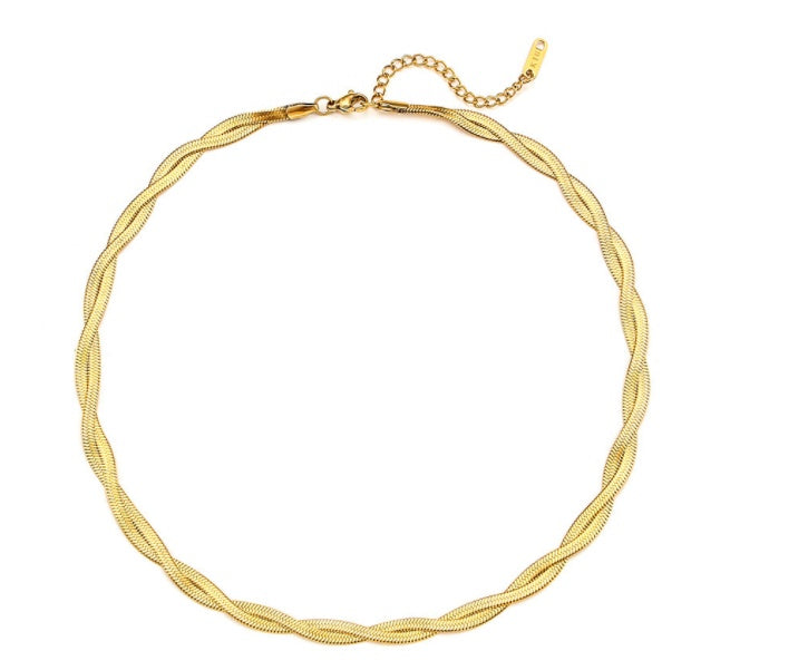 18K Gold Plated Titanium Steel Woven Fishbone Bracelet & Necklace Set