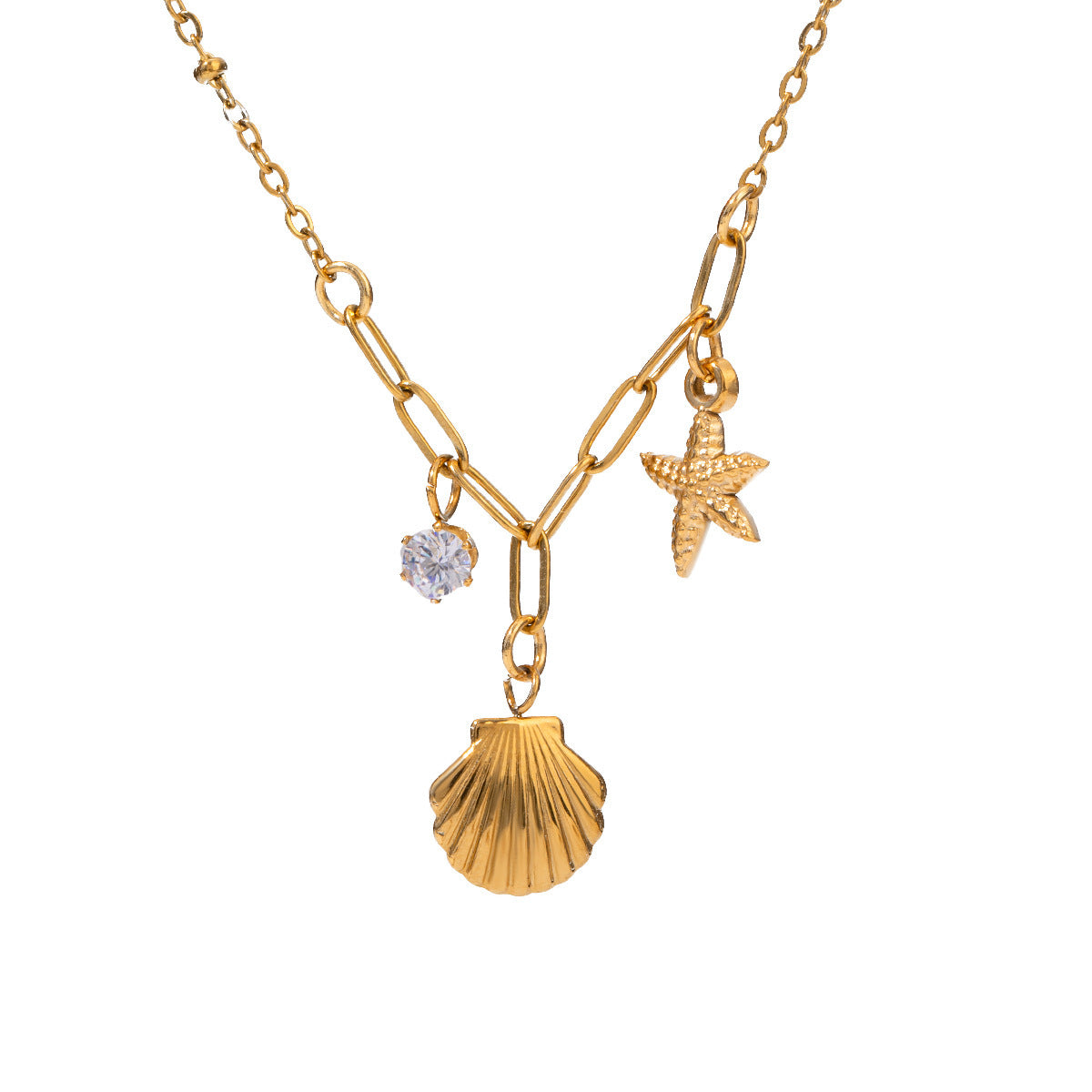 18K Gold Plated Stainless Steel Starfish Pendant Necklace with White Zircon
