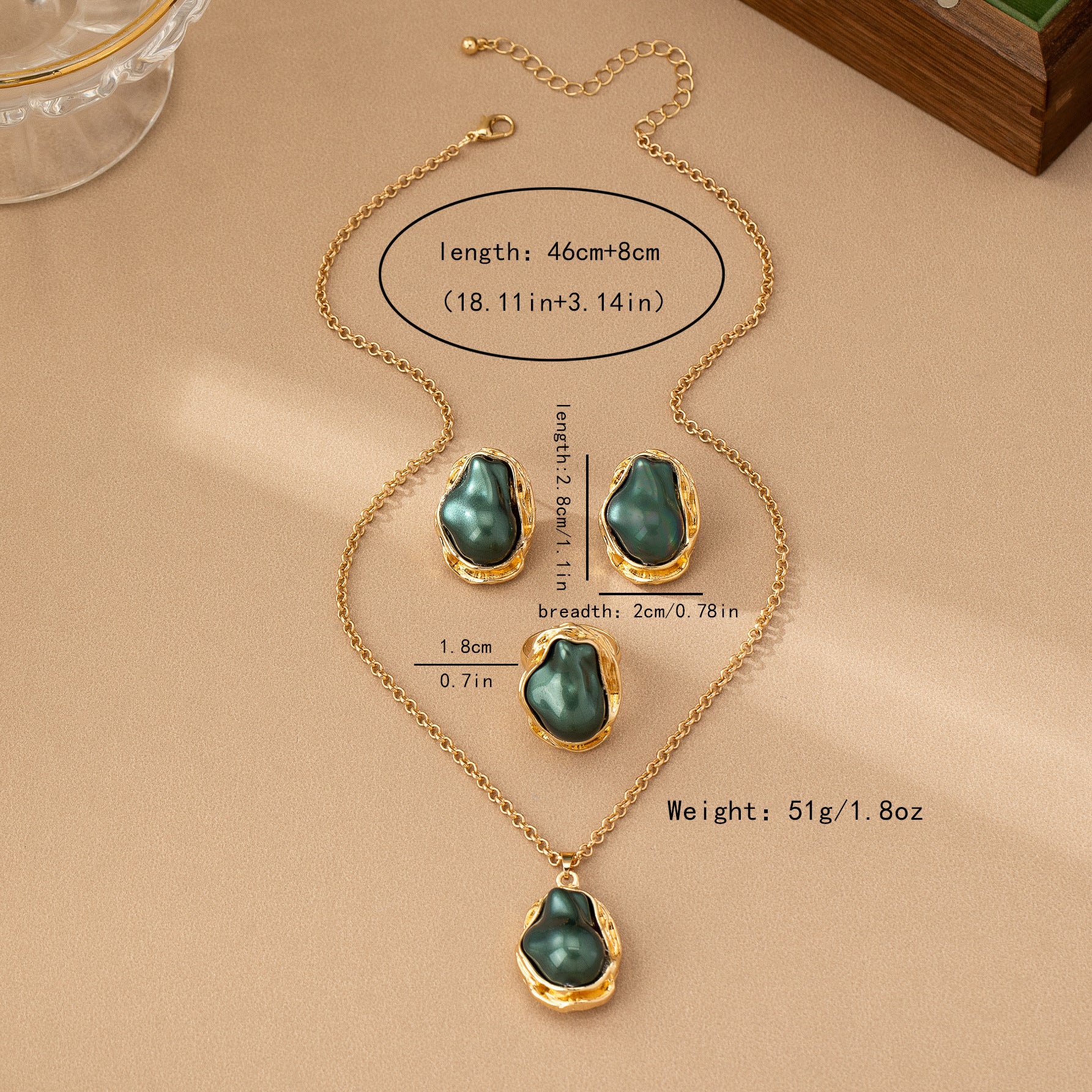 Retro Green Pearl Jewelry Set – Necklace, Earrings & Ring