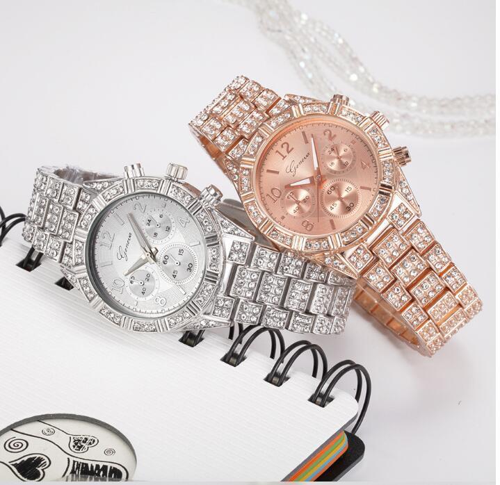 Women’s Crystal Quartz Watch – Geneva Luxury Stainless Steel Wristwatch