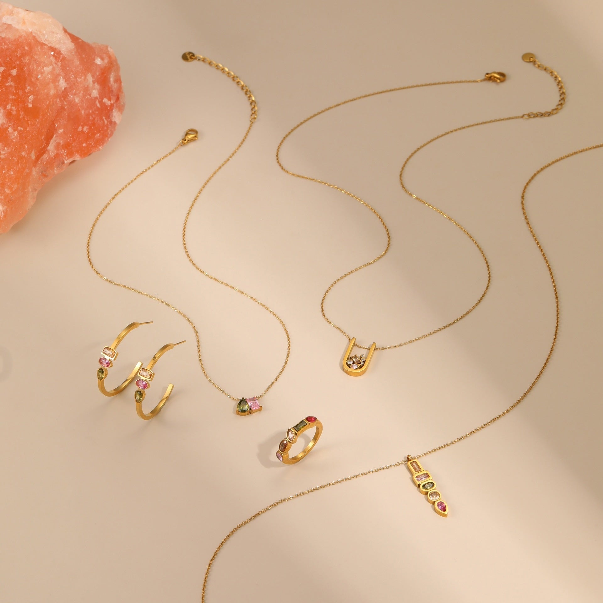 Geometric Zircon Jewellery Set – Gold-Plated Necklace, Earrings & Ring with Colourful Design