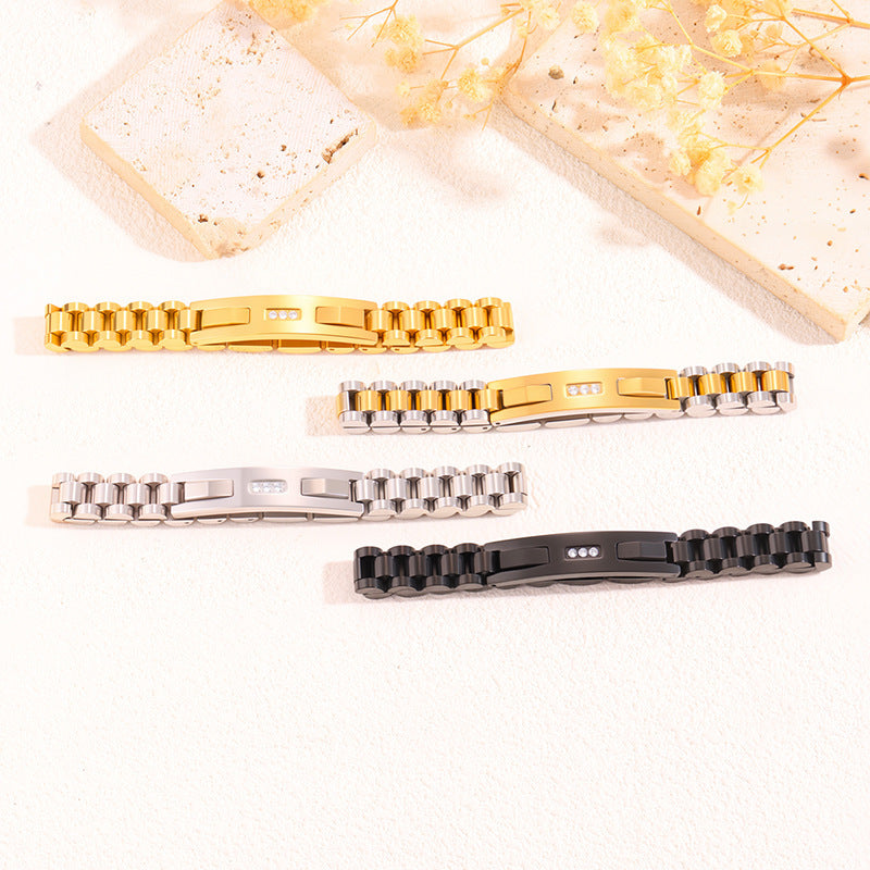 Women’s Diamond-Studded Curved Watch Chain Bracelet – Gold & Silver