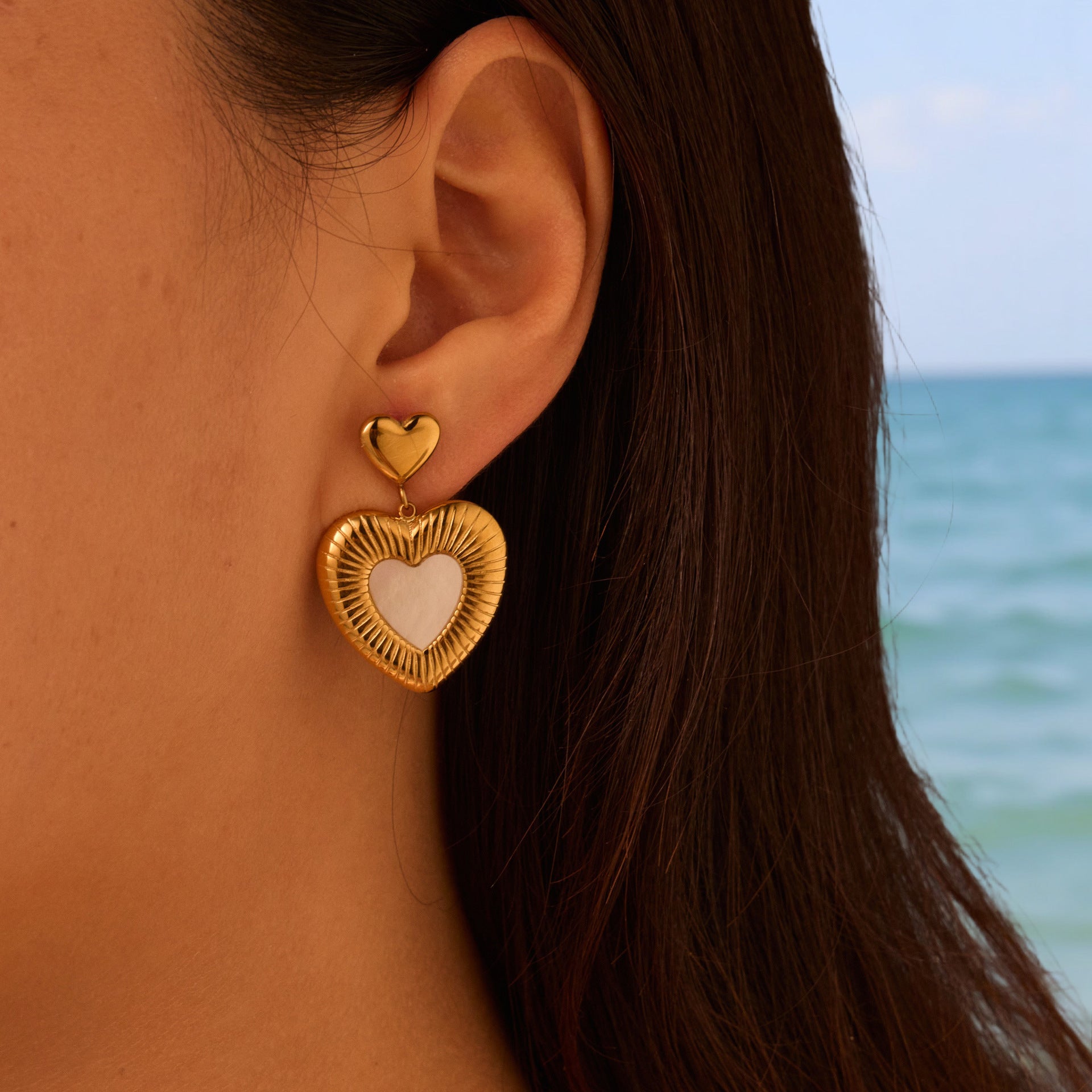 Heart-Shaped Stainless Steel Earrings – White Fritillary Design for Women