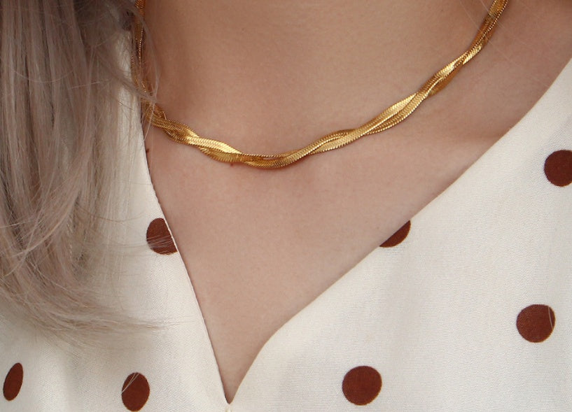 18K Gold Plated Titanium Steel Woven Fishbone Bracelet & Necklace Set