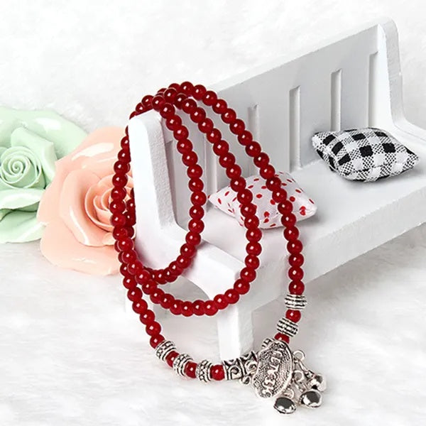 Red Agate Beaded Bracelet with Lucky Lock Charm