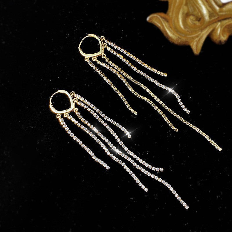 Diamond-Embedded Long Fringe Earrings – Cold Style Women’s Statement Earrings