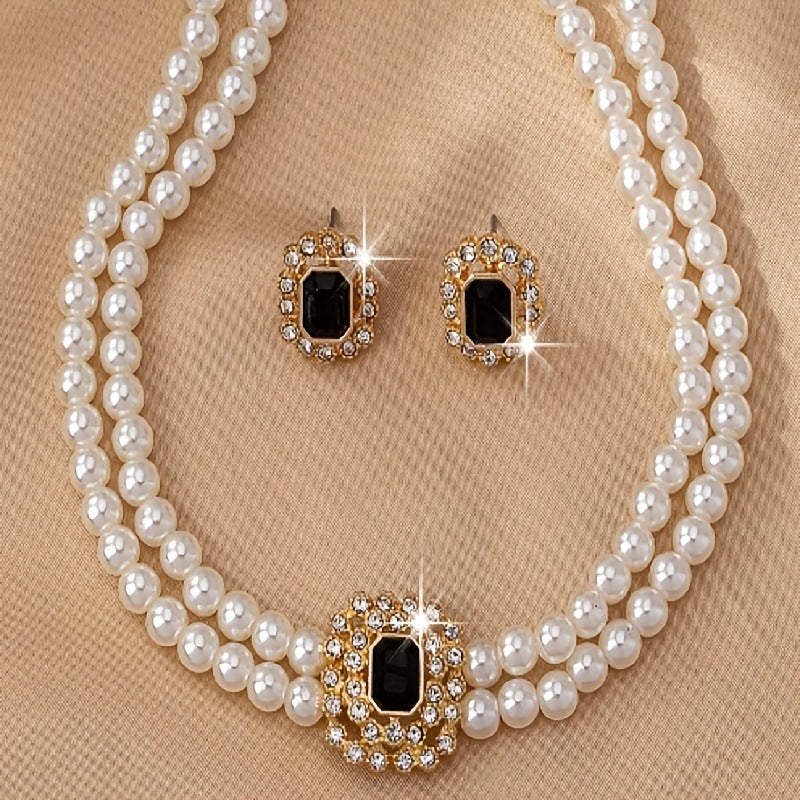 Elegant Double Row Pearl & Diamond Necklace and Earrings Set – Women’s Jewellery