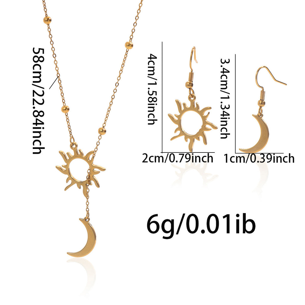 18K Gold Plated Stainless Steel Sun & Moon Necklace and Hoop Earrings Set for Women