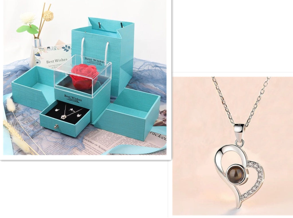 Valentine’s Day Rose Necklace Gift – Metal Jewellery in Gift Box