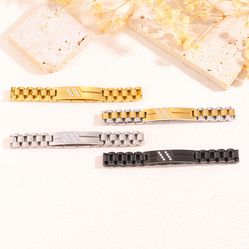 Women’s Diamond-Studded Curved Watch Chain Bracelet – Gold & Silver