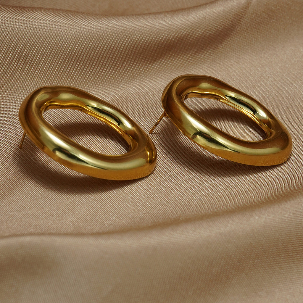 18K Gold Plated Stainless Steel Oval Pendant Necklace & Earrings Set for Women