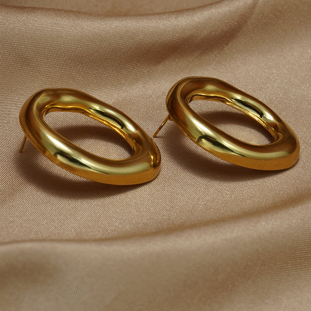 18K Gold Plated Stainless Steel Oval Pendant Necklace & Earrings Set for Women