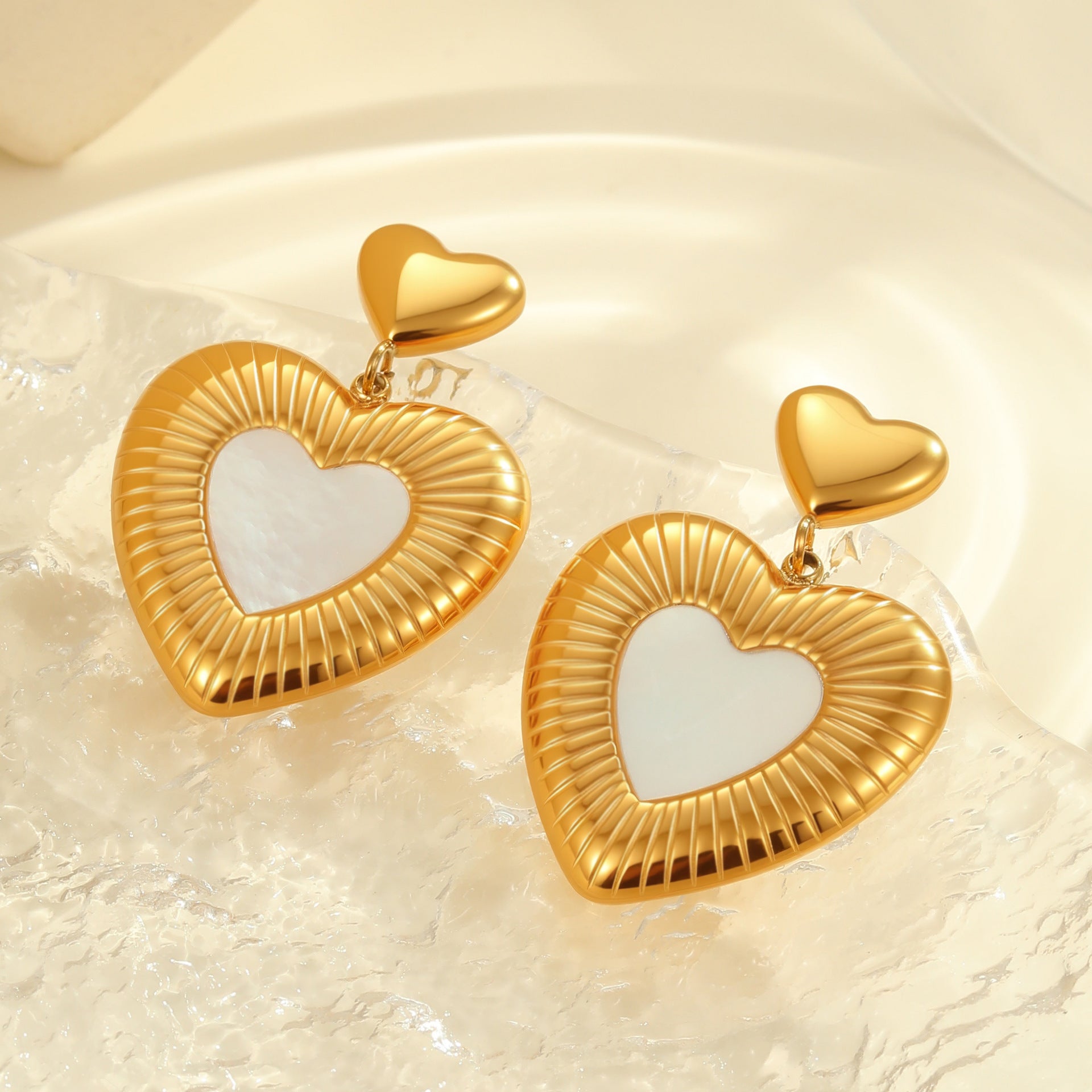 Heart-Shaped Stainless Steel Earrings – White Fritillary Design for Women