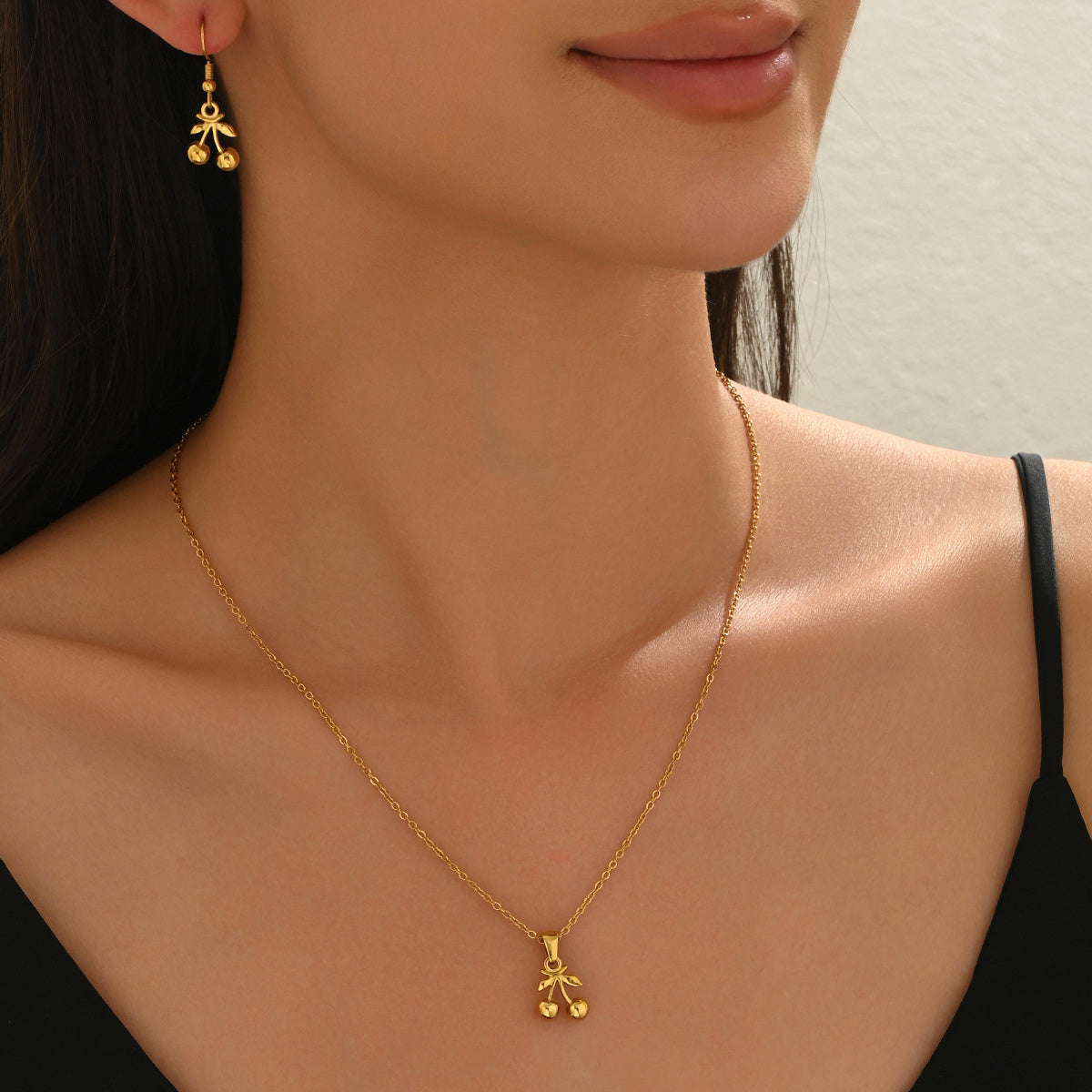 Luxury 18K Gold-Plated Stainless Steel Cherry Pendant Necklace & Earrings Set – Women’s Cute Minimalist Jewellery