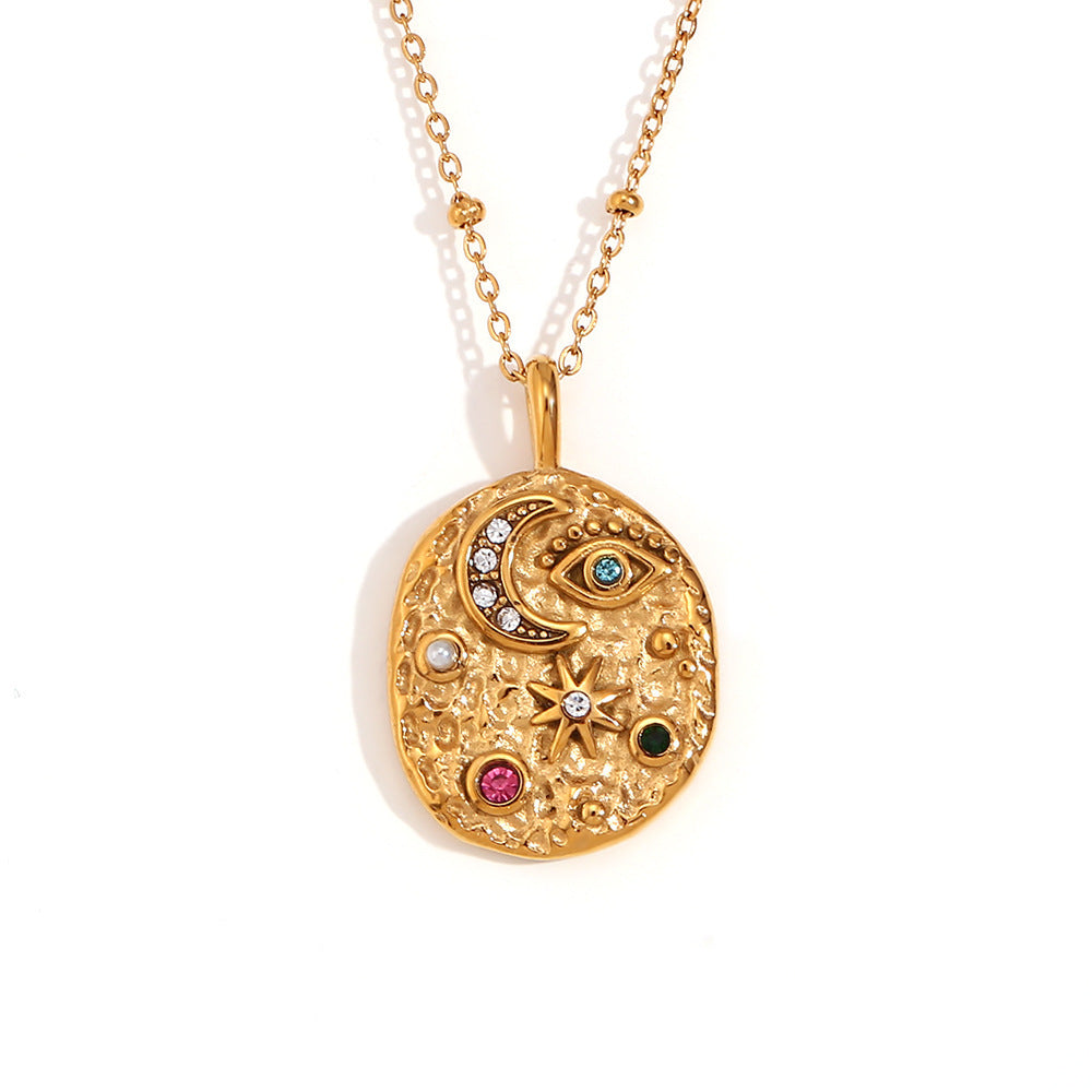 18K Gold Plated Stainless Steel Star & Moon Micro Inlay Necklace