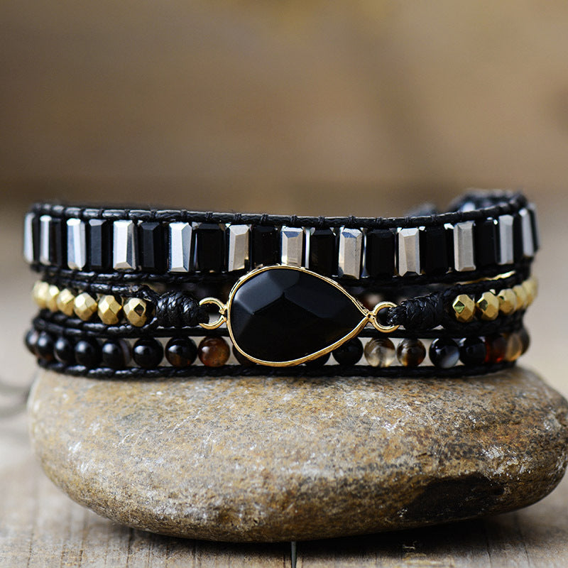 Vintage Ethnic Leather Bracelet – Crystal & Natural Stone Handmade Design