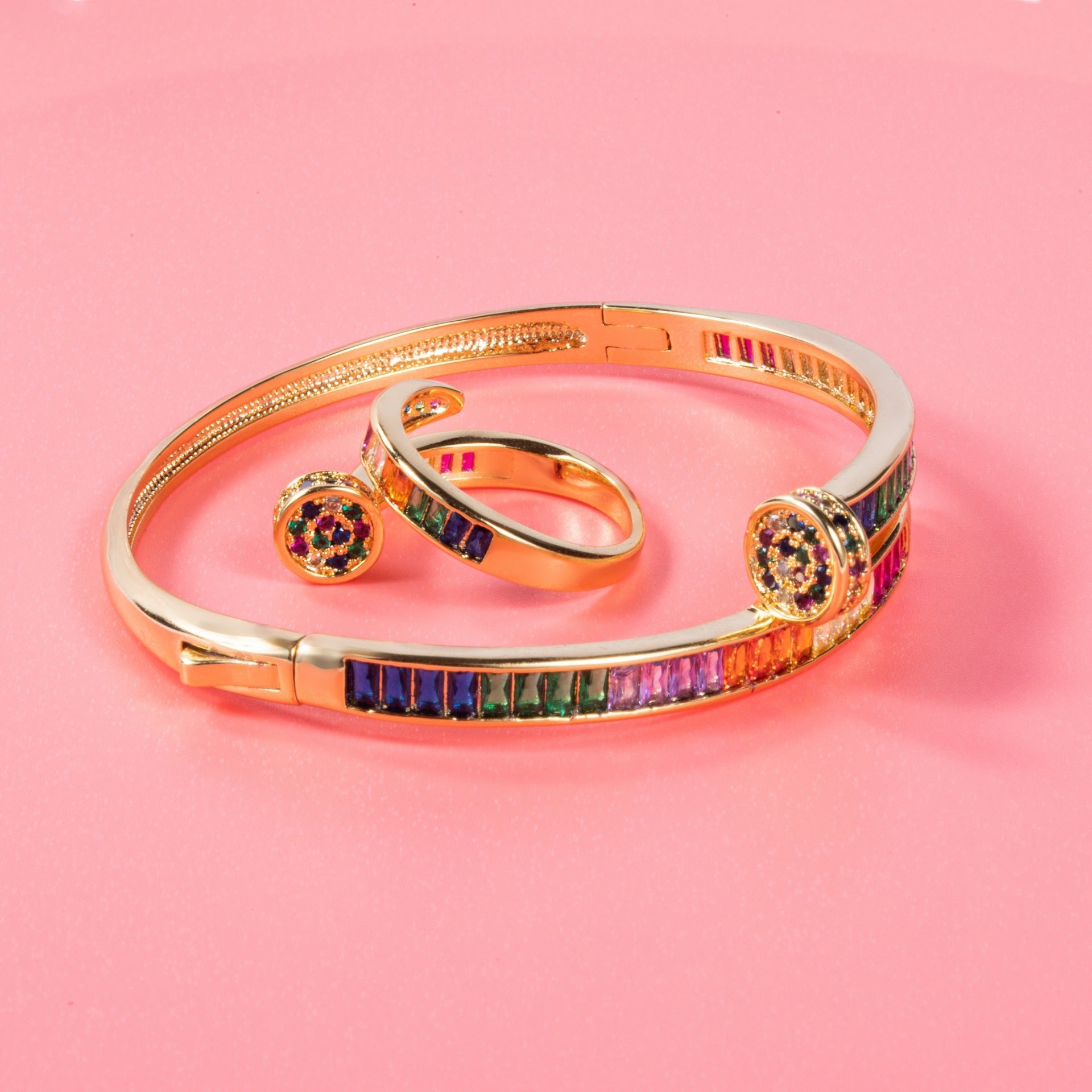 Micro Diamond Nail Bracelet & Ring Set – Gold-Plated Copper Zircon Jewellery