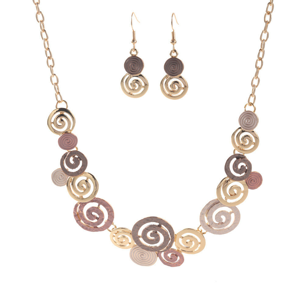 Zinc Alloy Geometric Necklace & Earring Set – Hollow Spiral Colourful Oil Drop Design