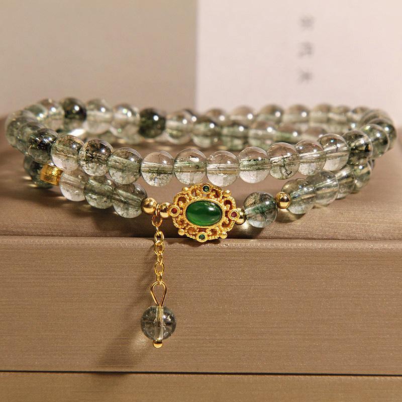 Women’s Green Phantom Quartz Double Circle Bracelet – Japanese & Korean Style