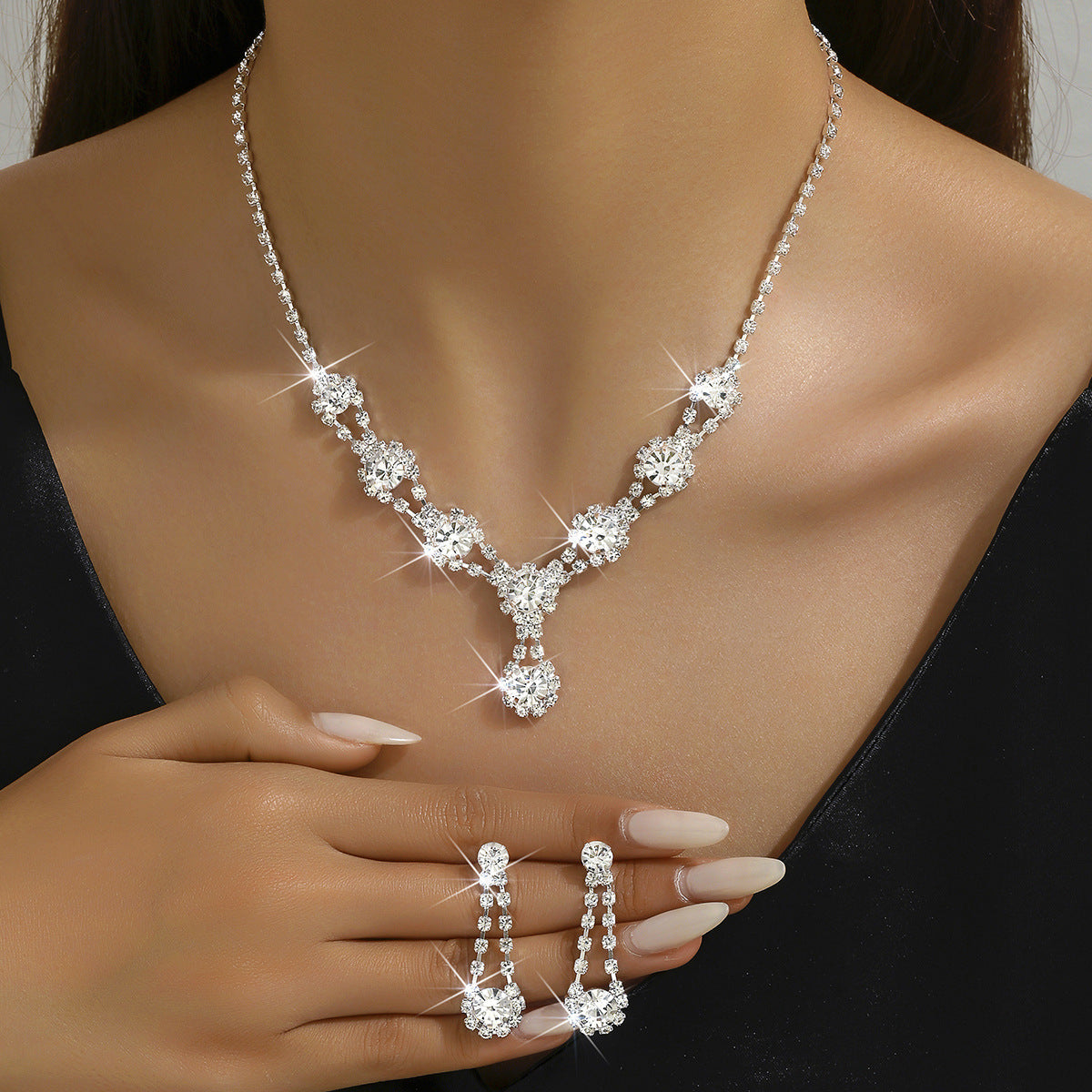Elegant Rhinestone Crystal Necklace & Earrings Set – Women’s Jewellery