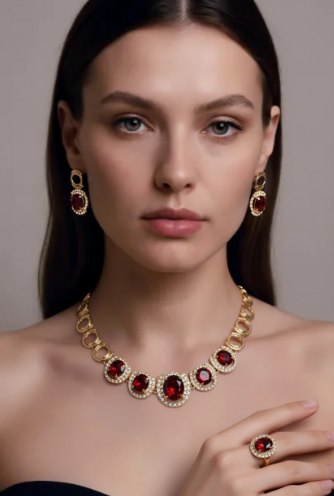 Luxury Gold Crystal Zircon Jewellery Set – Green & Red Pendant Necklace, Earrings & Ring for Women