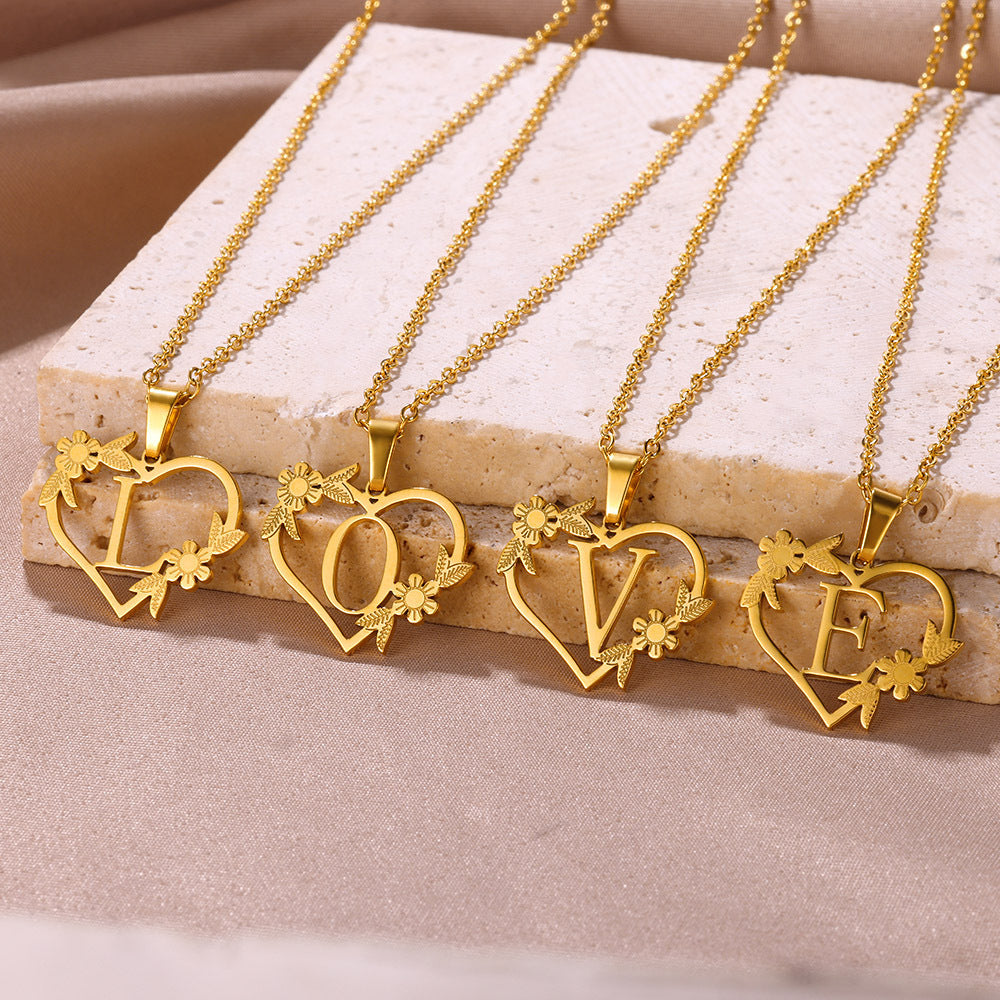 18K Gold Plated Stainless Steel Hollow Heart Flower Necklace