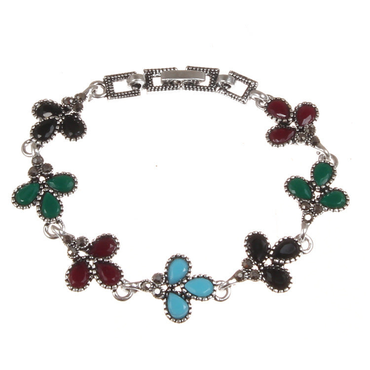 Vintage Gothic Three-Color Gem Bracelet – Silver-Plated Three-Leaf Design