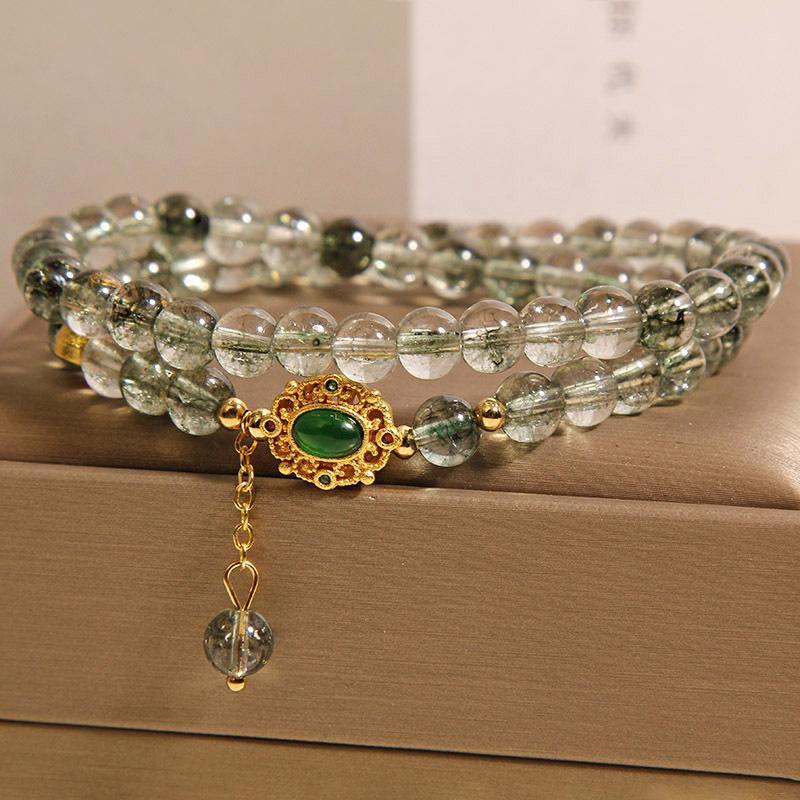 Women’s Green Phantom Quartz Double Circle Bracelet – Japanese & Korean Style