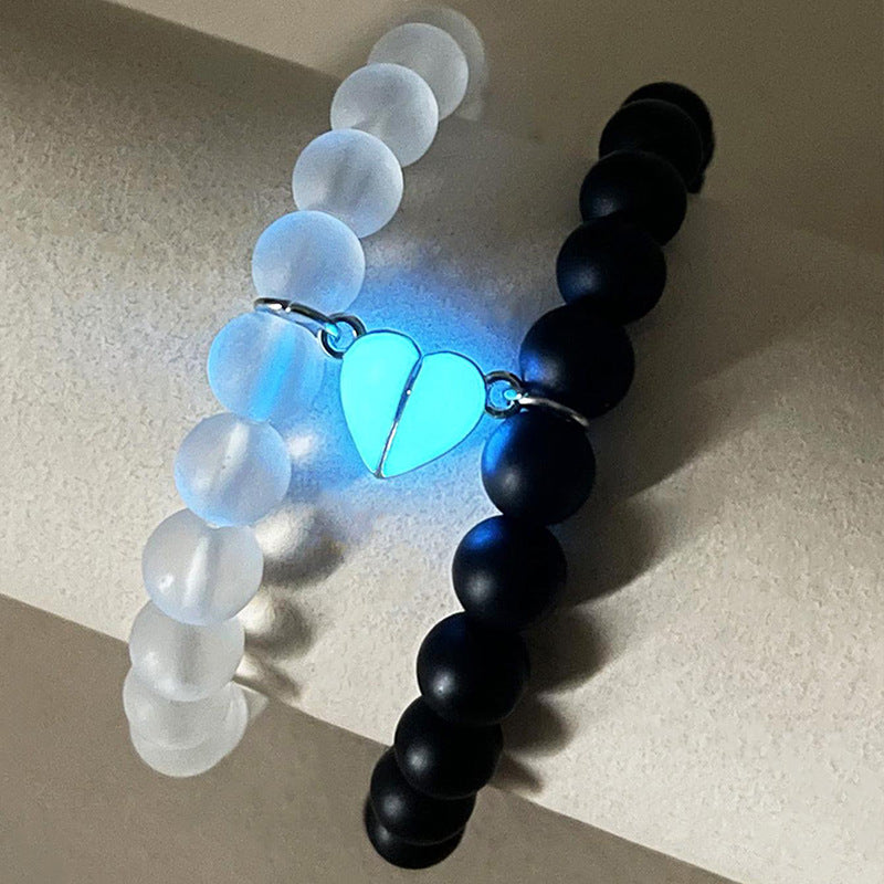 Handmade Glow-in-the-Dark Couple Bracelets – Heart & Crown Charms