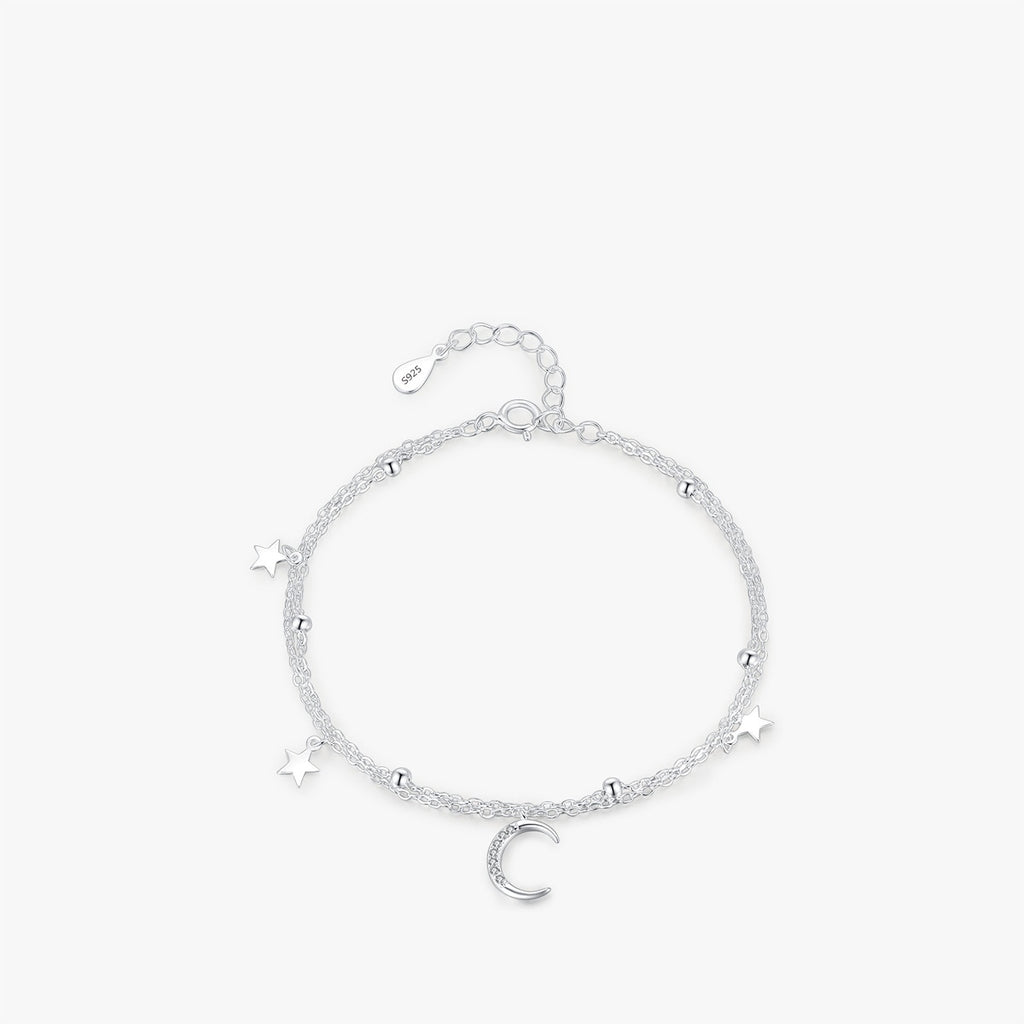 S925 Sterling Silver Star & Moon Bracelet – Double Layer Twin Design for Women