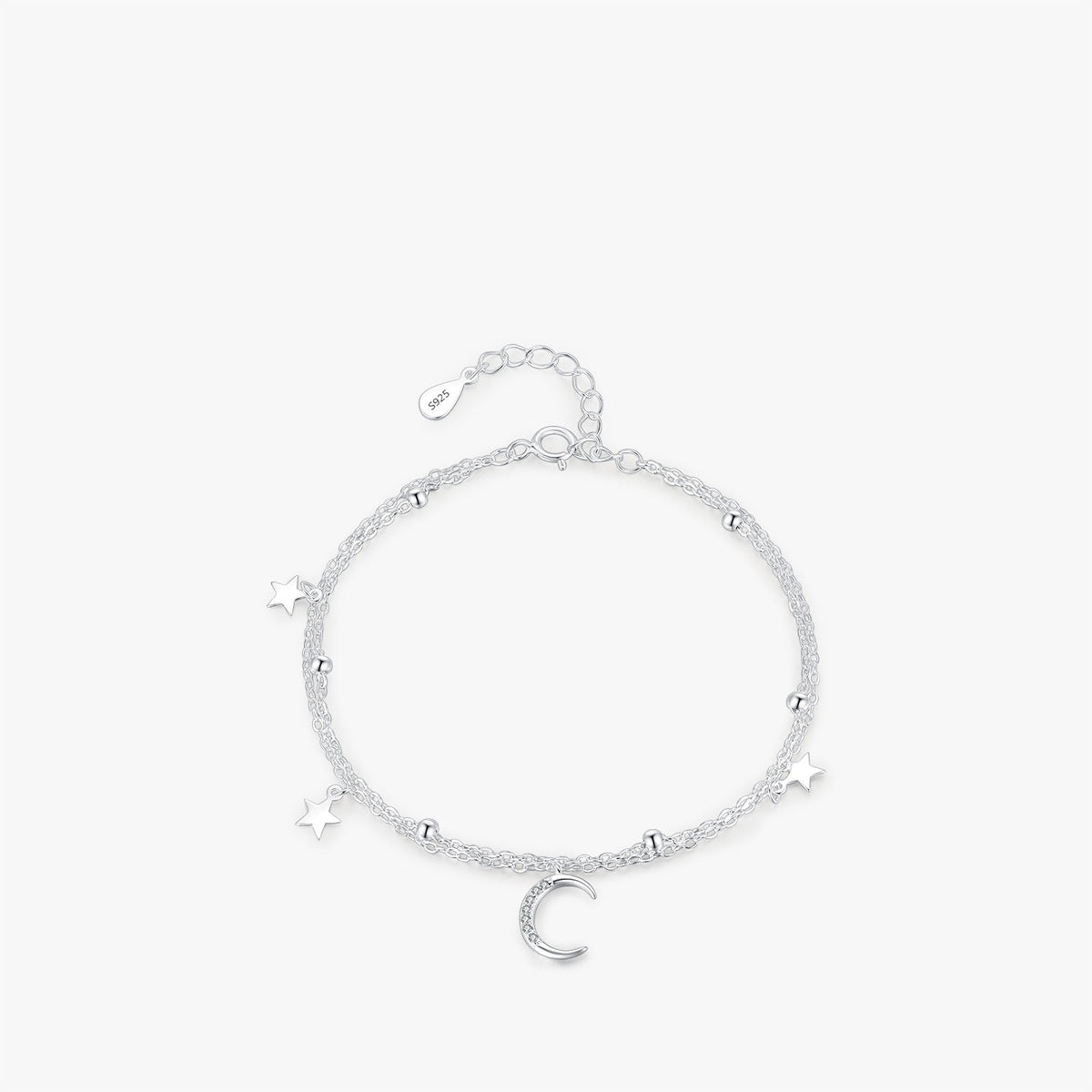 S925 Sterling Silver Star & Moon Bracelet – Double Layer Twin Design for Women