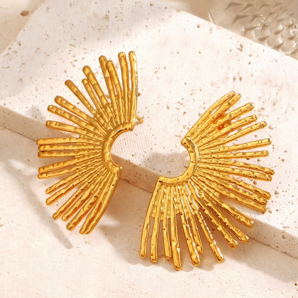 Geometric Round Hip Hop Earrings – Personalized Fan-Shaped Wings, Real Gold-Plated Jewellery
