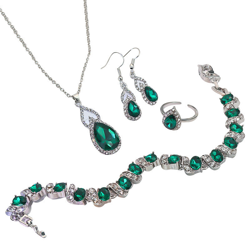 Light Luxury Zircon Jewellery Set – Necklace, Earrings & Open Ring