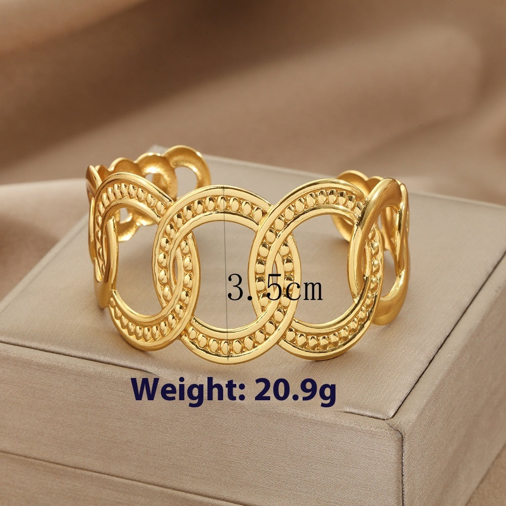 Women’s Stainless Steel Bracelet – Lotus Ring Design with Glossy Stripes