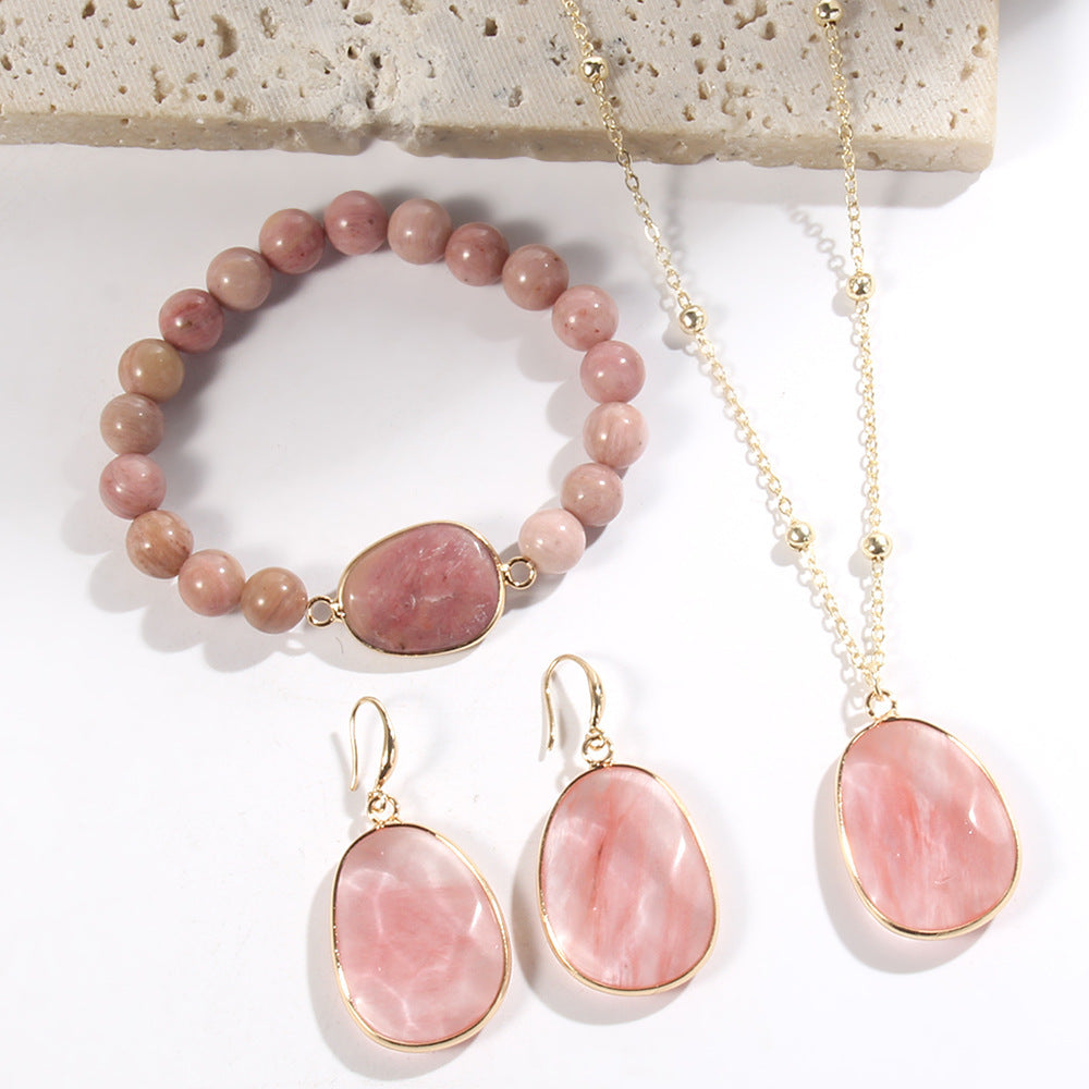 Gold Jewellery Set with Natural Stone – Necklace, Bracelet, Earrings for Women