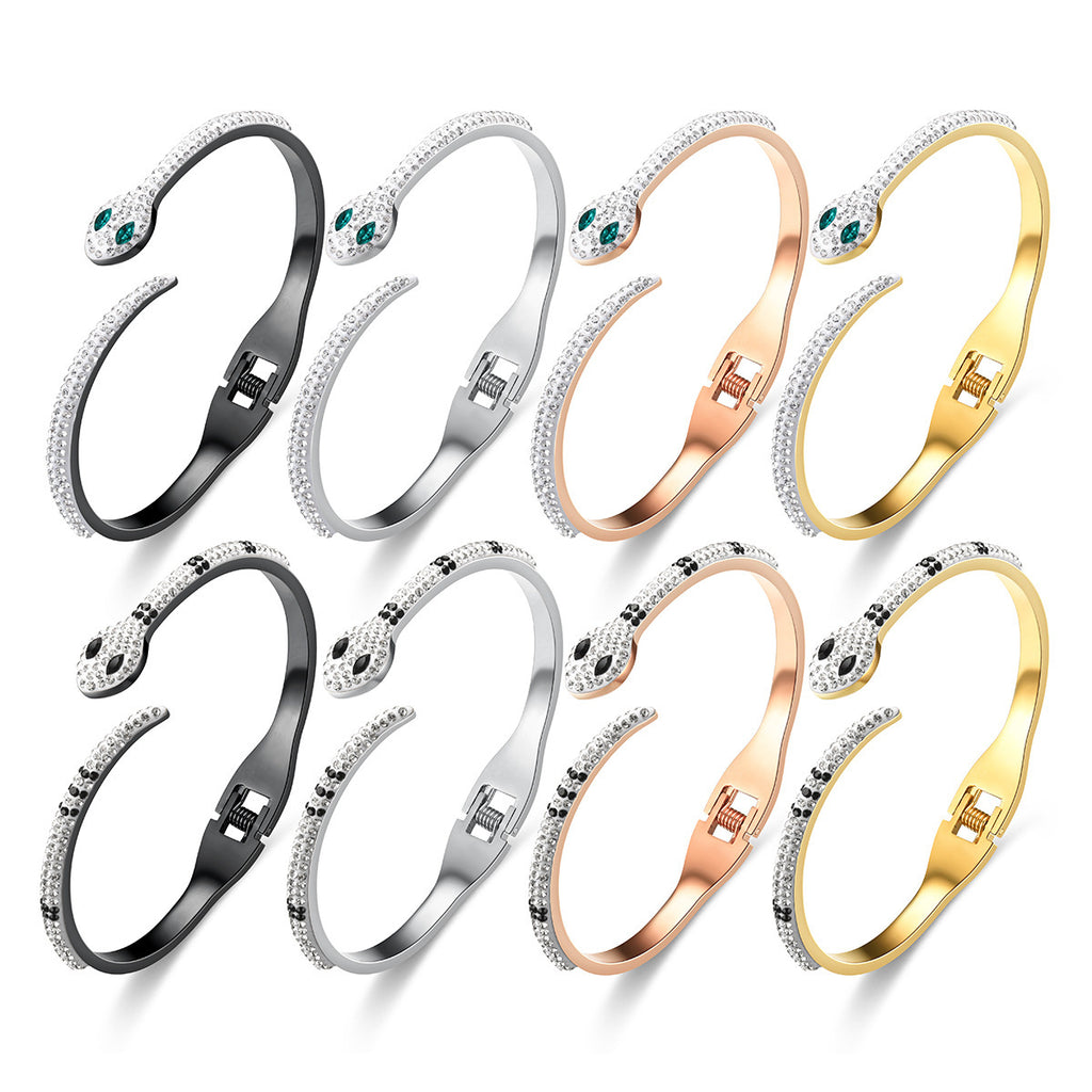 Green Eyed Snake Bracelet – Stainless Steel Micro Diamond-Set Jewellery