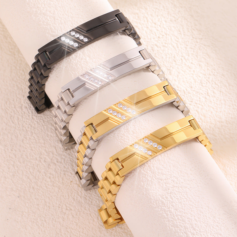 Women’s Diamond-Studded Curved Watch Chain Bracelet – Gold & Silver