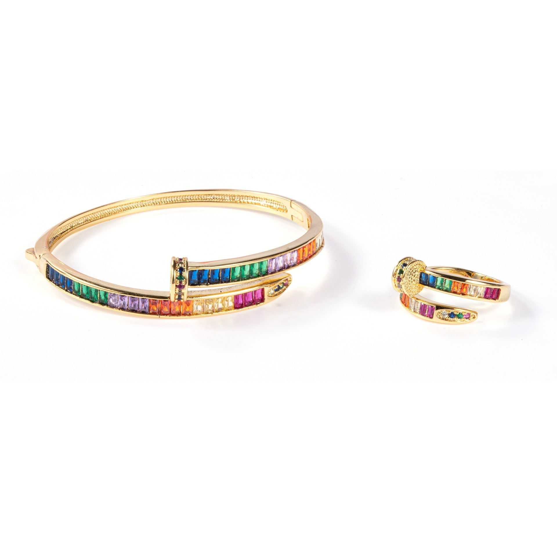 Micro Diamond Nail Bracelet & Ring Set – Gold-Plated Copper Zircon Jewellery