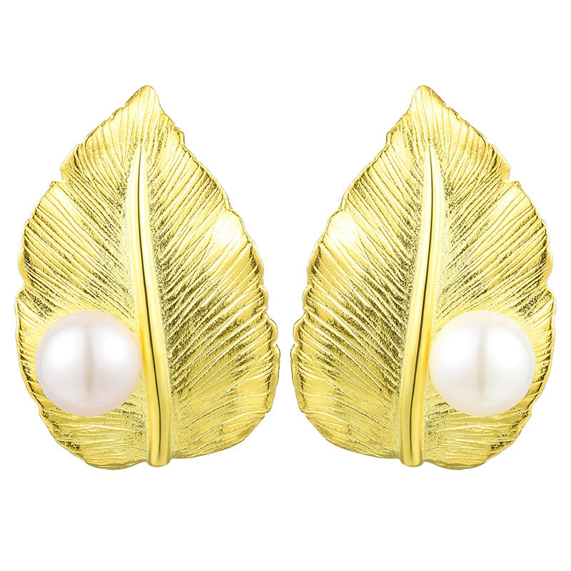 Sterling Silver Leaf Pearl Earrings – Elegant Nature-Inspired Jewelry