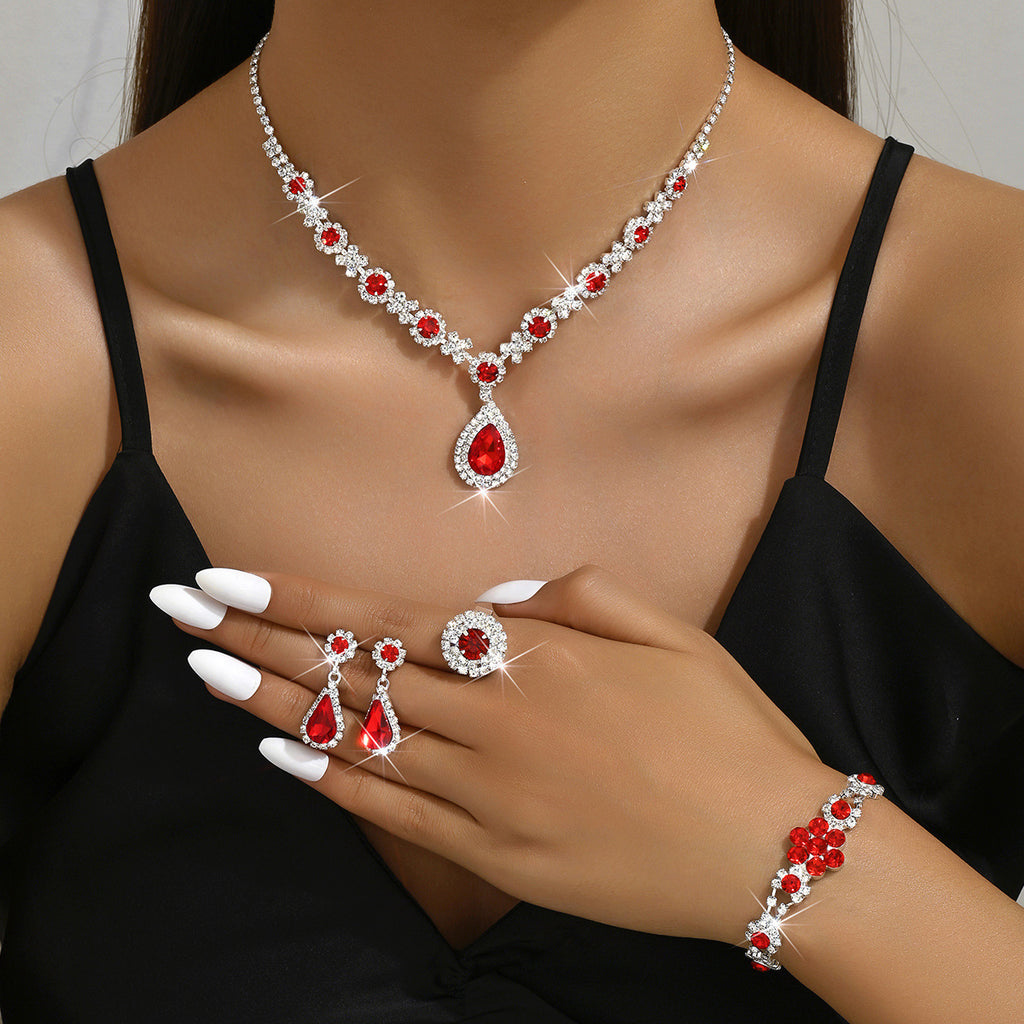 Elegant Women’s Crystal Water Drop Jewellery Set – Necklace, Earrings, Bracelet & Ring